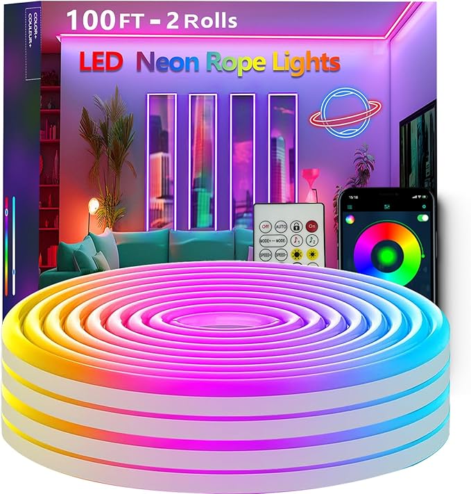 100FT (2 Rolls 50FT) Neon Rope Lights,Flexible Led Rope Light Control with App/Remote,Multiple Modes,Music Sync,IP65 Outdoor RGB Led Strip Lights Waterproof