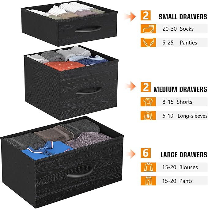Dresser for Bedroom with 10 Drawers, Chest of Drawers with Side Pockets, Hooks, Wooden Top and Sturdy Metal Frame, Fabric Dresser Drawers for Living Room, Hallway (Black Wood Veins)