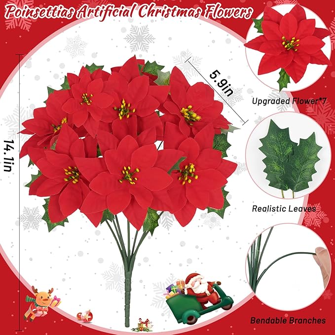 Christmas Decorations - 6 Pack Poinsettias Artificial Christmas Flowers, Fake Red Velvet Artificial Poinsettias Flowers for Christmas Tree Home Party Porch Yard Indoor Outdoor Decor