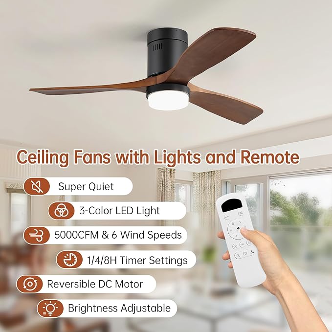 Sofucor 52 Inch Ceiling Fans with Lights, Flush Mount Ceiling Fan with Lights Remote Control, Indoor/Outdoor Ceiling Fan Light, Reversible DC Motor, 3 Blade Solid Wood Ceiling Fans for Bedroom Patio