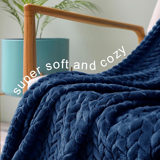 Exclusivo Mezcla Fleece Twin Size Blanket for Bed, 90x66 Inches Soft Cozy Jacquard Flannel Blankets, Lightweight Fuzzy Plush Warm for Winter, Navy Blue