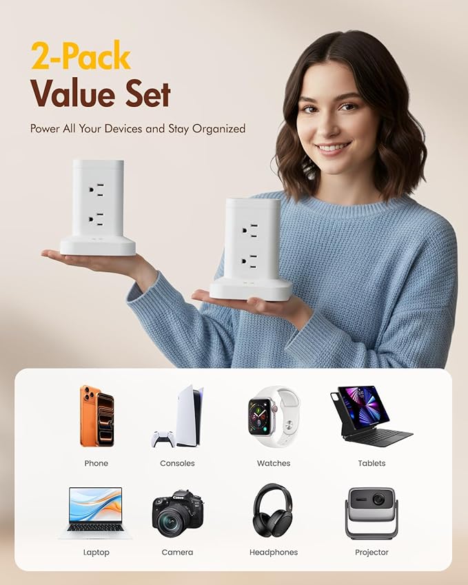 2Pack Power Strip Tower with Surge Protector 1800J, Fast Charging Tower PD20W USB-C Ports with 8 AC Outlets, 10ft Extension Cord for Home Office Dorm Room, White