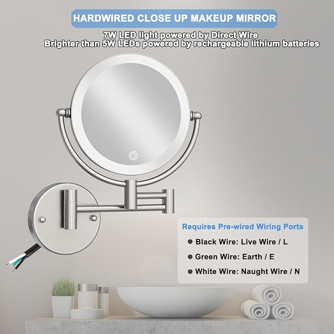 Hard Wired Makeup Mirror with Lights Wall Mounted with Magnification, 8 Inch Double Sides 10X Magnifying Bathroom Mirror 3 Color Lighting Touch Dimming, Extended Arm Shaving Mirror, Brushed Nickel