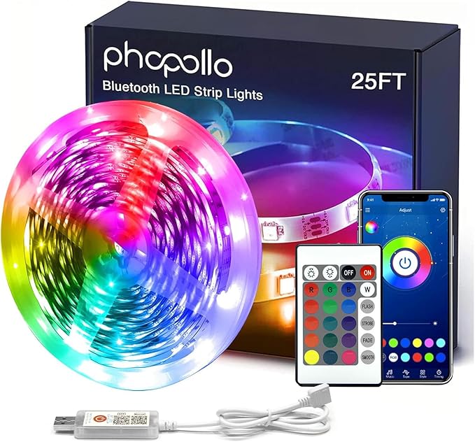 phopollo Led Strip Light, 25ft led Light Strips with Remote & App,Music Sync Mode with Mic, Smart Flexible 24V Led Lights for Bedroom Ceiling, Party,Stairs,USB Powered