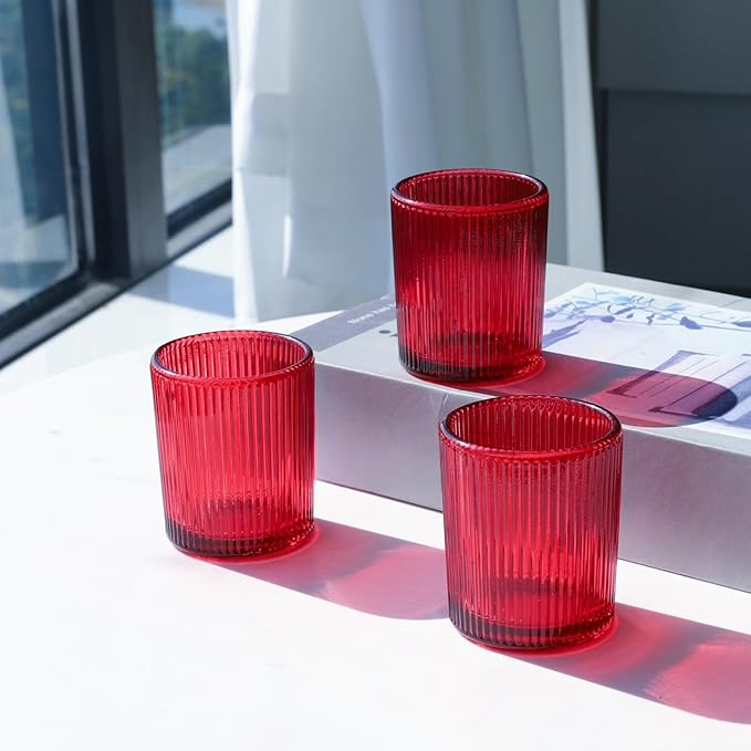 VOHO 24pcs Red Votive Candle Holders for Table Centerpiece, Ribbed Tealight Candle Holder for Christmas & Valentine's Day Decor, Vintage Glass Votive Holder for Gifts