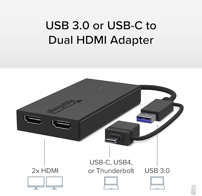 Plugable Dual Monitor Adapter for M1/M2/M3/M4 macOS Systems, Windows, ChromeOS. Broad Compatibility - Thunderbolt, USB-C, USB 3.0 to HDMI Adapter for Dual Monitors 1920x1080 @60Hz, SMI Driver Required
