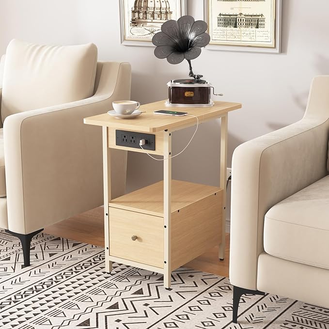 LIDYUK End Table with Charging Station, Narrow Side Table with Drawer and USB Ports & Power Outlets, Nightstand Bedside Tables for Small Spaces, Bedroom, Living Room, Natural