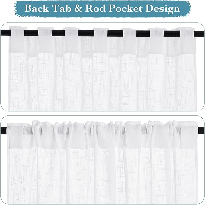 RYB HOME Linen Curtains Sheer - Half Privacy White Semi Sheer Drapes Light Airy for Bedroom Living Room Wedding Ceremony Study Office, 52 x 72 inch Long, 2 Pcs