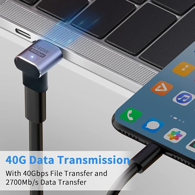 Poyiccot 90 Degree USB C Adapter 40Gbps, PD 240W, Male to Female USB C Extender, LED Light for iPad, MacBook, Phone, 2pcs