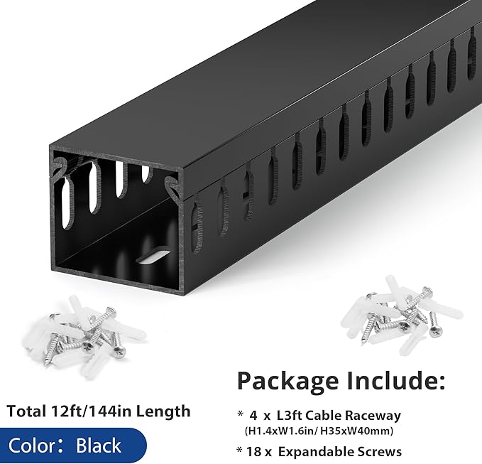ZhiYo H1.4 x W1.6in Server Rack Cable Management Raceway, 12ft (4xL3ft) Cable Duct Kit, Electrically Safe PVC for Network Wire Management, Open Slot Cord Hider for Computer Under Desk, Black