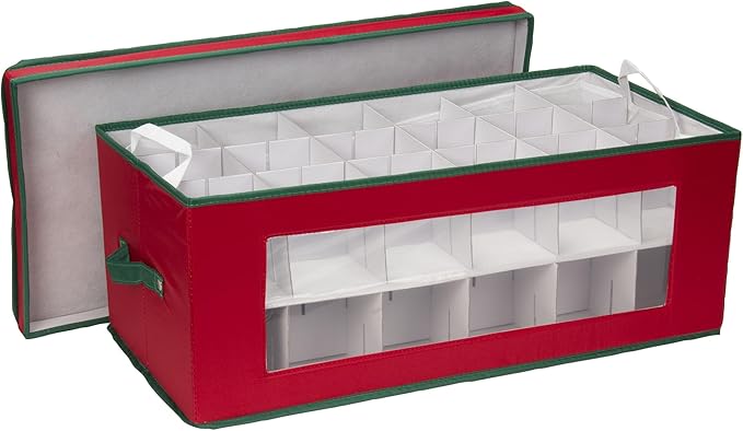 Household Essentials Ornament Storage Box, 36 Piece with Dividers, Sturdy and Stackable with Handles and Clear Plastic Window, Red Polyester Linen with Green Trim