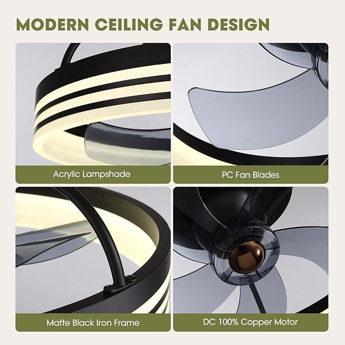 Ceiling Fans with Lights, 360° Rotating Ceiling Fan with Lights and Remote, 6 Wind Speeds Smart Low Profile Ceiling Fan for Bedroom, Kids Room and Living Room 20"