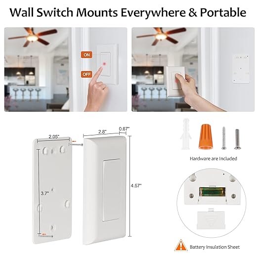 Suraielec Wireless Light Switch and Receiver Kit, 15A High Power, No Wiring, No Interference, 100ft RF Range, Expandable Remote Control Wall Switches for Lamp, Ceiling Light, Fan, Outdoor Lighting