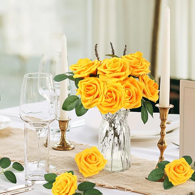 MACTING Artificial Yellow Rose Flowers 30PCS Real Touch Foam Roses with Stem Fake Flowers for DIY Table Centerpieces Bouquets Wedding Party Holiday Home Spring Mothers Day Decorations
