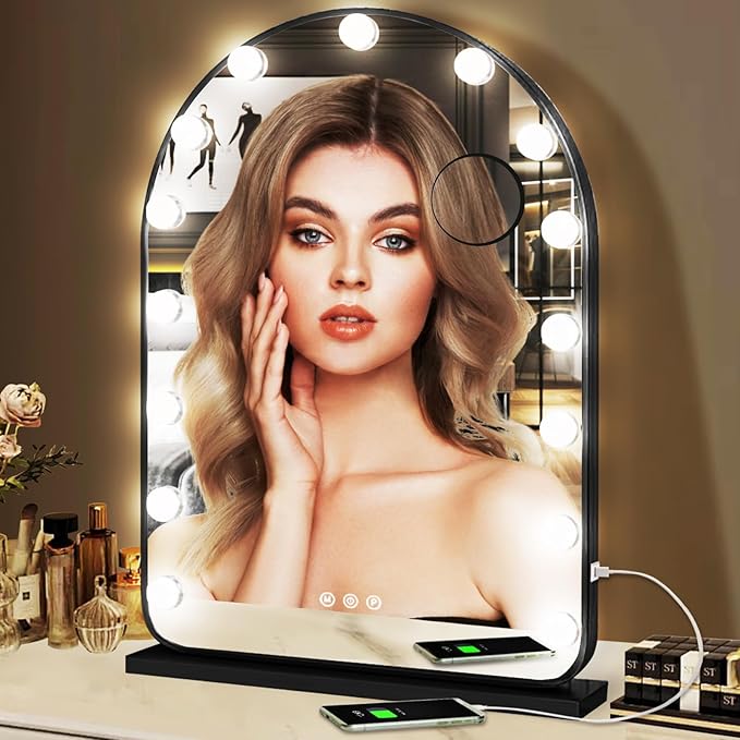 Hollywood Arch Black Vanity Makeup Mirror with Lights 15 Bulbs Dimmable 3Color Black Lighted Vanity Mirror for TableTop Wall Detachable Base X10 Magnifying Arch Makeup Desk Mirror with Lights