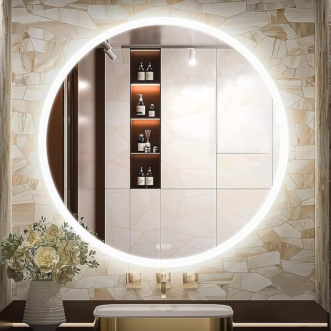 Wall-Mounted LED Round Bathroom Mirror, Makeup Mirror (36inches x36 inches,) 3 Color Stepless Dimmable Memory Bathroom Vanity Mirror with Lights CRI90+ 3000-6400K Smart Mirror with Touch