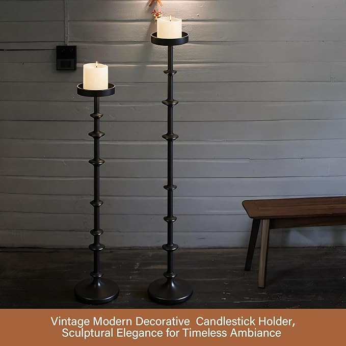 Maxdot Black Metal Pillar Candle Holder 36" 29" Tall Decorative Taper Candle Stand Set of 2 Floor Candlestick Holder Large Metal Black for Christmas Halloween Living Room