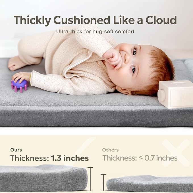 Ultra Soft 1.3" Thick Baby Play Mat for Floor, Large Velvet 50x50 Playpen Mat, Baby-Safe & Non-Slip Tummy Time Mat, Crawling Mat for Babies, Toddlers, Infants, Kids, Easy Care, 50"x50", Gray