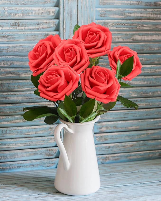 JOYLEX Artificial Flowers Realistic Roses, 25pcs Red Real Looking Fake Roses with Stem for DIY Wedding Bouquets Centerpieces Bridal Shower Party Home Romantic Decorations (25pcs, Red)