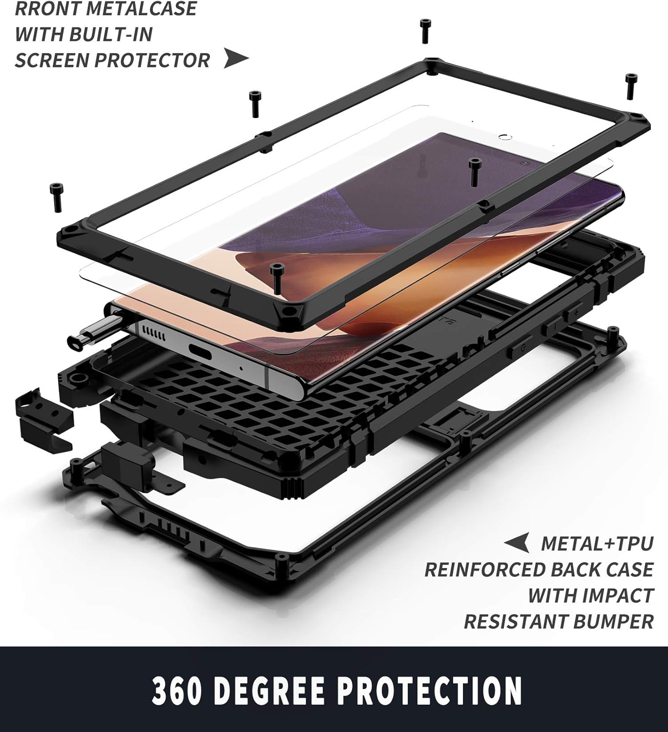 Samsung Galaxy Note 20 Case, Heavy Duty Aluminum Metal Gorilla Glass Waterproof Shockproof Protector Cover (Black)