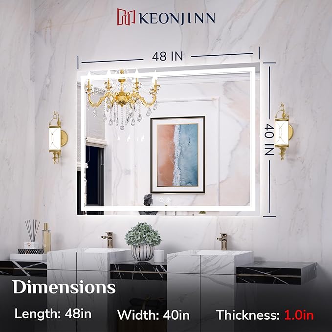 Keonjinn 48 x 40 Inch LED Bathroom Mirror with Lights, Large Wall Mounted Vanity Mirror, UL Listed LED Driver, HD Tempered Glass, Easy Installation, Anti-Fog, Memory Dimmable 6000K, CRI 90+