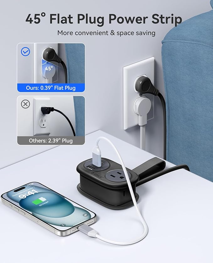 ORICO Pocket Power Strip for Travel, 5 in 1 Extension Cord with 2 AC Outlets 2 USB-A and 1 USB-C Ports, 3.7 ft Flat Plug Wrapped Around Power Strip for Cruise Office, Hotel, Home- AP3 (Black)