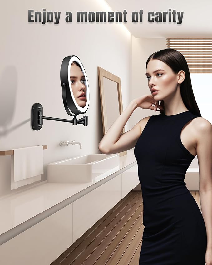 Wall Mounted Makeup Mirror with Light, 20X/1X 8'' Double Sided LED Magnifying Bathroom Lighted Vanity Mirror with Magnification, 3 Color Light up Touch Dimmable Extended Arm 360 Rotation