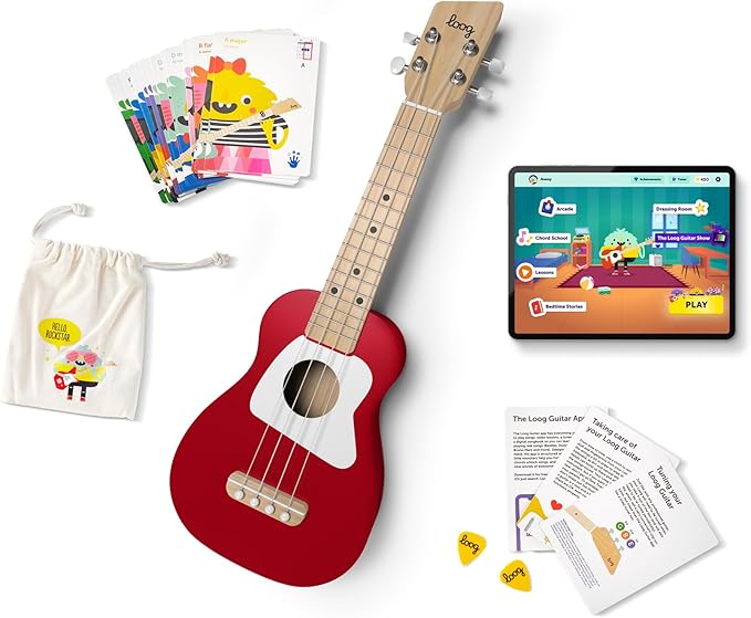 Loog Wood Soprano Ukulele for Kids & Beginners, App & Lessons, All Ages (Red)