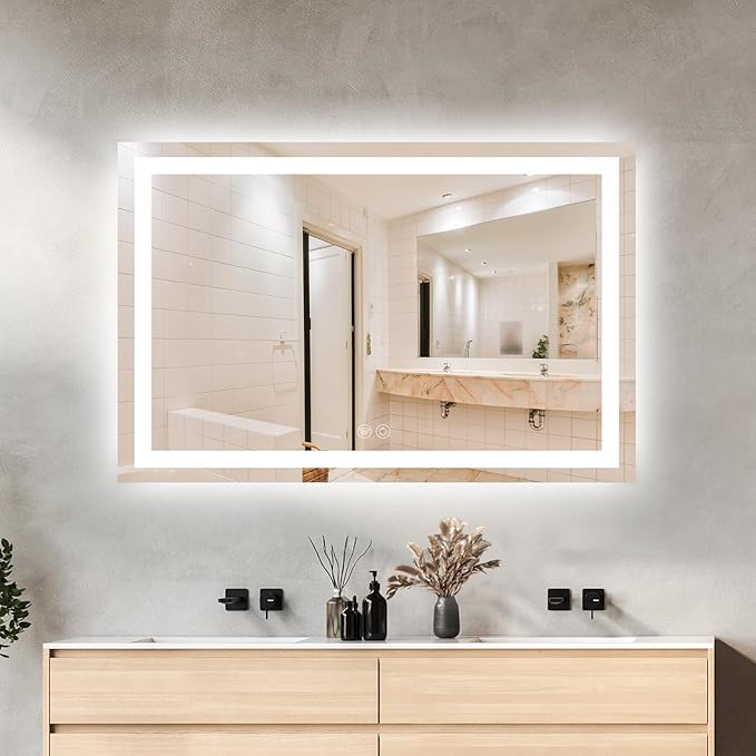 55 x 36 LED Bathroom Mirror with Lights, Lighted Bathroom Vanity Mirror for Wall, Espejos para Baños, Frontlit & Backlit, Anti-Fog, Shatterproof, 3 Adjustable Color Temperatures & Memory Function