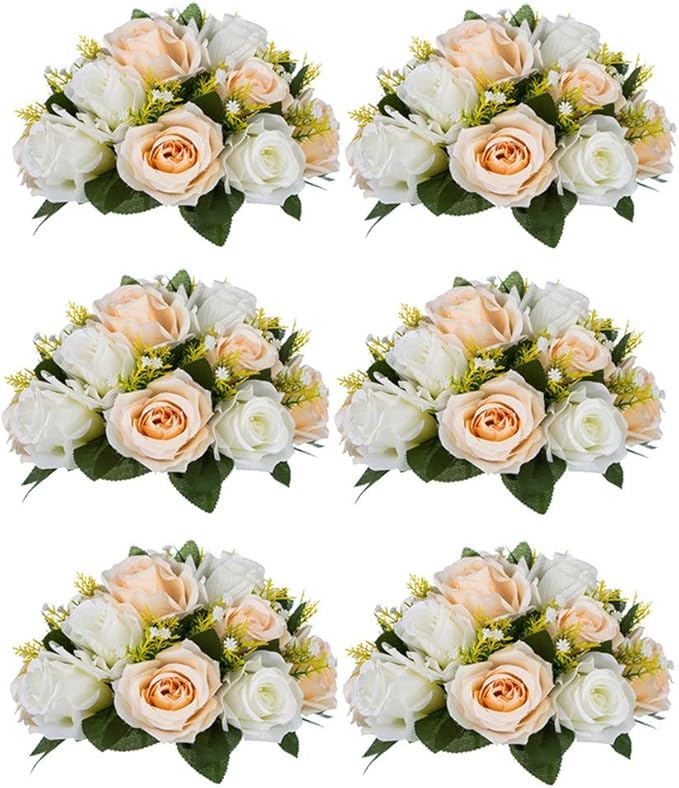 NUPTIO 6 Pieces Champagne White Fake Flower Ball Arrangement Bouquet 15 Heads Plastic Roses with Base, Suitable for Wedding Centerpiece Flower Rack for Parties Home Décor
