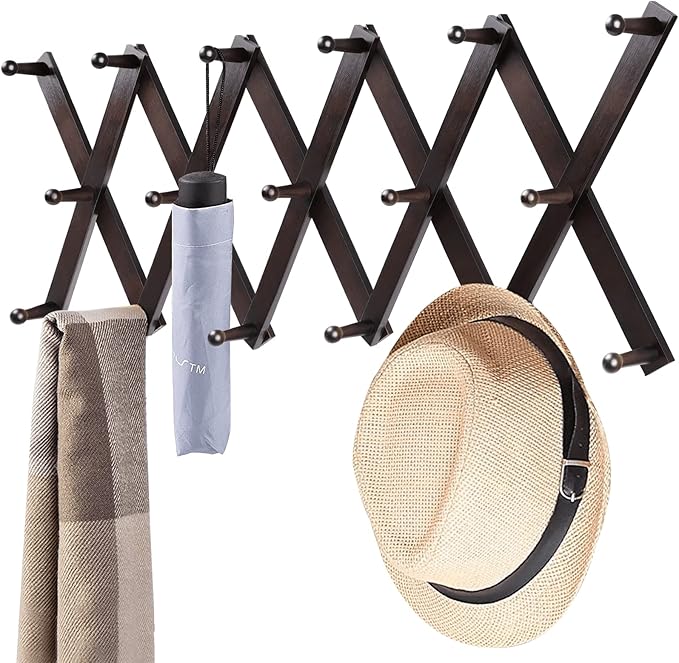 Homode Accordion Wall Hanger, Hat Hangers Wall Mounted, Wood Accordian Coat Rack with 17 Hooks, Expandable Peg Rack Wall Organizer for Hanging Baseball Caps, Hats, Purse, Coffee Cup, Bag, Walnut