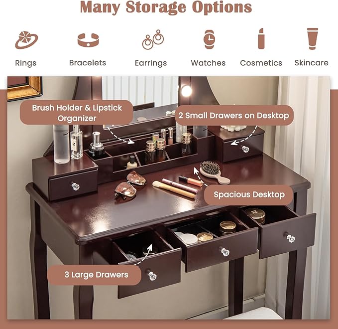 CHARMAID Vanity Desk with Mirror and Lights, Makeup Vanity Table with 5 Storage Drawers, 3 Color Lighting Modes, Adjustable Brightness, Modern Bedroom Dressing Table with Vanity Stool, Espresso