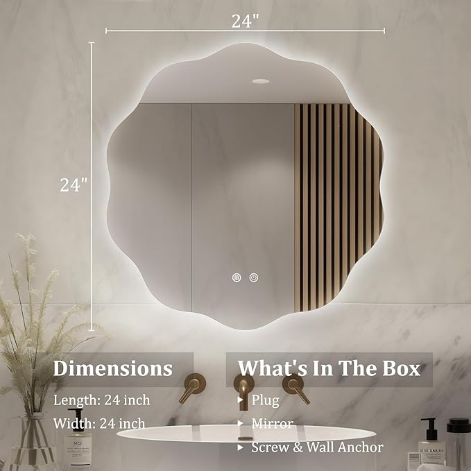 WallBeyond LED Bathroom Mirror with Lights, 24'' Wavy Round Light Up Bathroom Mirror, Anti Fog Led Mirror for Bathroom, 3 Colors and Dimmable Light