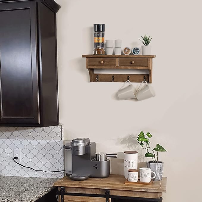 Emfogo Coat Hooks Mounted, Rustic Wood Coat Rack Mount Shelf with Hooks, Farmhouse Coat Rack with Shelf & Coat Hook for Entryway, Mudroom, Bedroom, Kitchen, Bathroom(Walnut)
