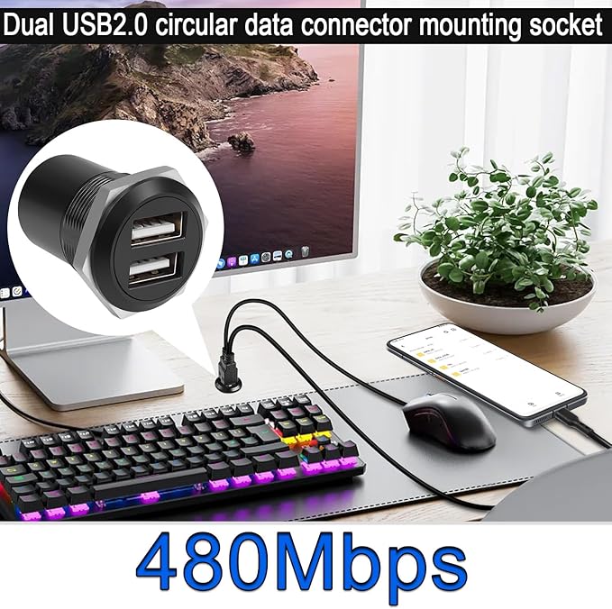 QIANRENON Dual USB2.0 Threaded Fixed Round Connector 2 USB2.0 Female to 2 Female Panel Mount Adapter Dual USB2.0 Flush Mount Socket, for Data Transfer/Charge External USB Auxiliary Device