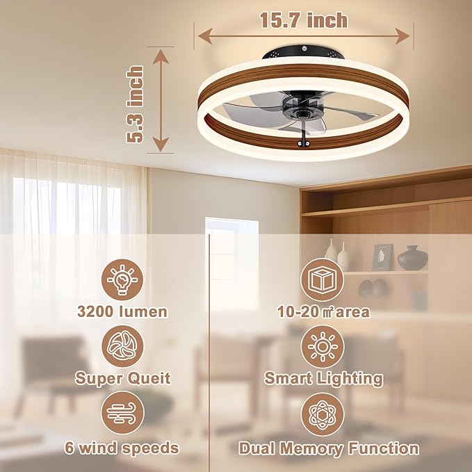VOLISUN Fandelier Ceiling Fans with Lights and Remote, 15.7in Farmhouse Ceiling Fan Flush Mount, 3000K-6500K Dimmable Bladeless Ceiling Fan with Light, Modern Ceiling Fans with Lights for Bedroom