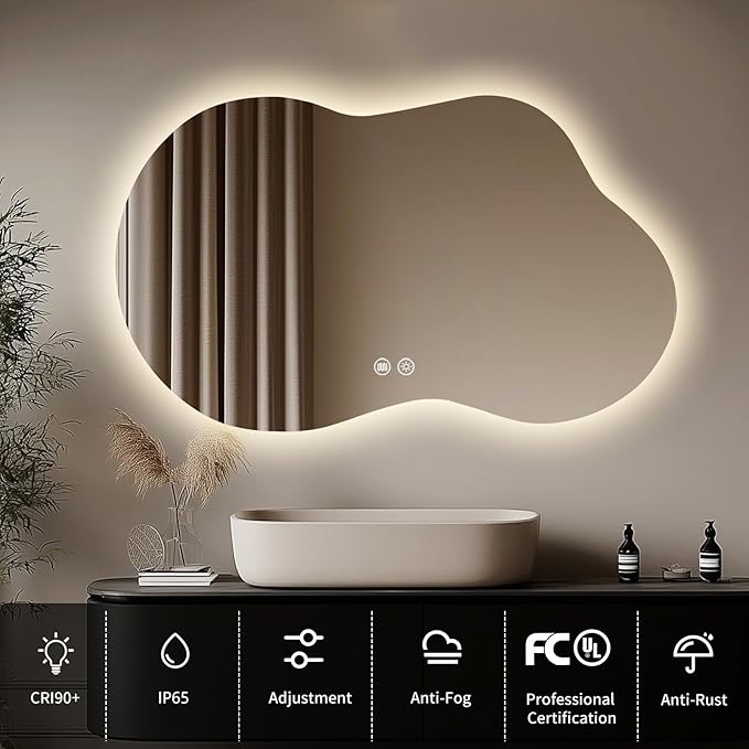 LED Bathroom Mirror with Lights 24x40, Stepless Dimmable Irregular Backlit Mirror with 3 Colors, Anti-Fog, Memory, Al-Alloy Lampshade, Frameless Smart Mirror for Bathroom (Horizontal/Vertical)