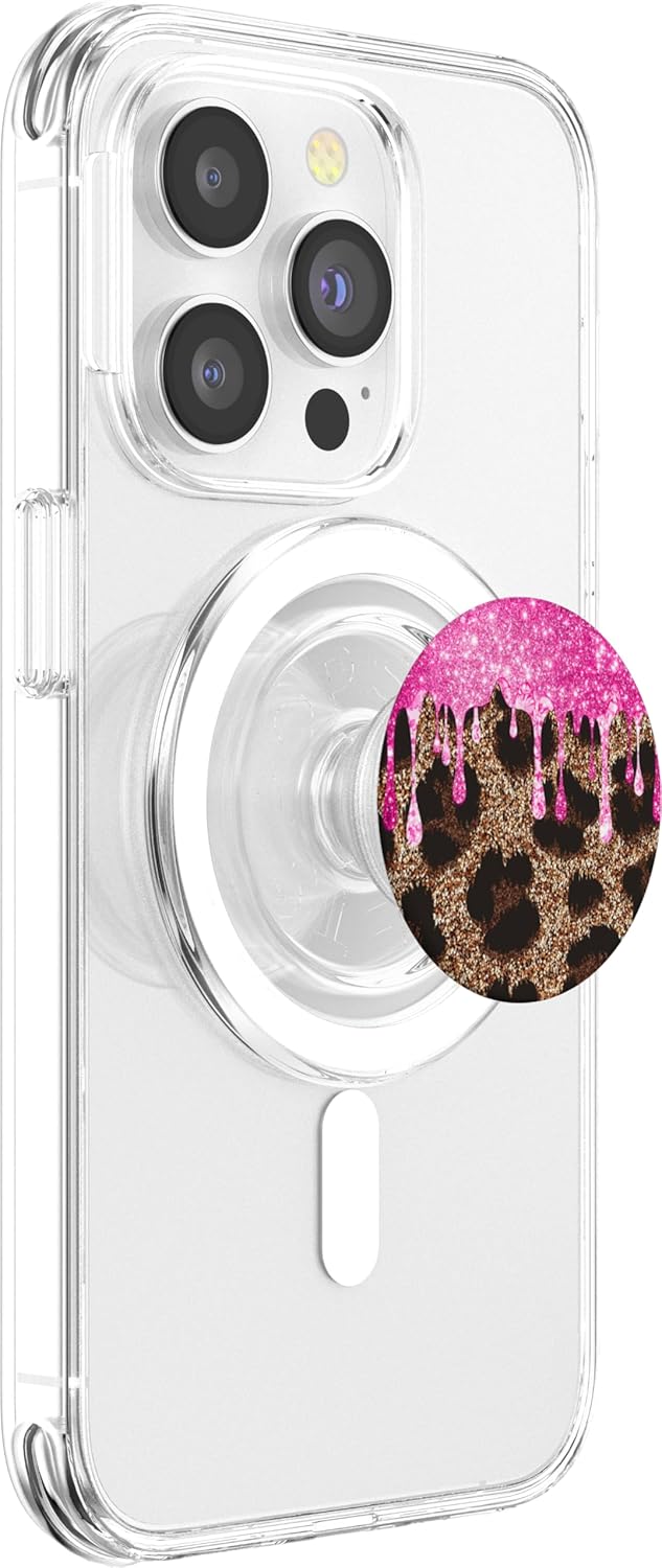 Leopard Print Abstract Animal Skin Dripping Pink Bling PopSockets MagSafe PopGrip for iPhone