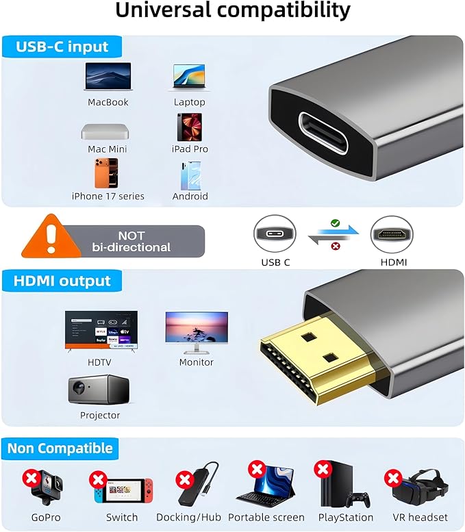 USB C Female to HDMI Male Adapter with USB Video Cable, 4K@60Hz Uni-Directional USB Type C Source to HDMI 2.0 Display Converter Thunderbolt 3/4 to HDM-I for i-/Phone 17 MacBok Pro/Air, Galaxy - 2 Pack