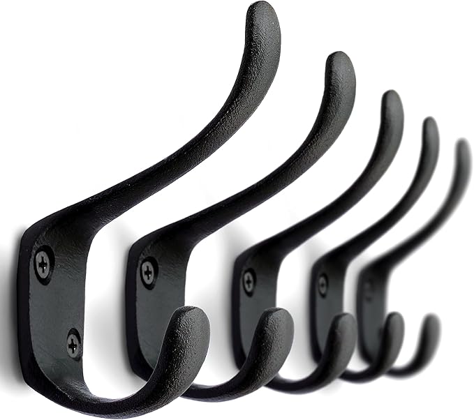 5 Pack Decorative Cast Iron Heavy Duty Double Hooks, Wall Mounted Coat Hooks, Vintage Inspired (Antique Black) (Spoon Hook)