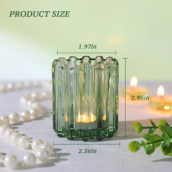 Glass Green Votive Candle Holder, Ribbed Votive Candle Holders Set of 12, Tealight Candle Holder for Wedding Centerpieces Dinner Party Table Decor