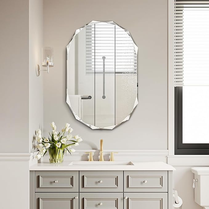 Pregaspor Single Beveled Edge Bathroom Vanity Mirror, 23.6" x 35.4" Oval Wall Mirror, Shatterproof Frameless Mirror for Over Sink, Restroom