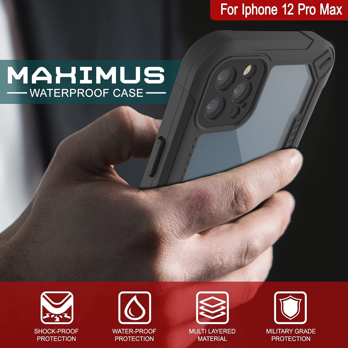 Punkcase Waterproof Case for iPhone 12 Pro Max [Maximus Series][Slim Fit][IP68 Certified] Clear Armor Cover with Screen