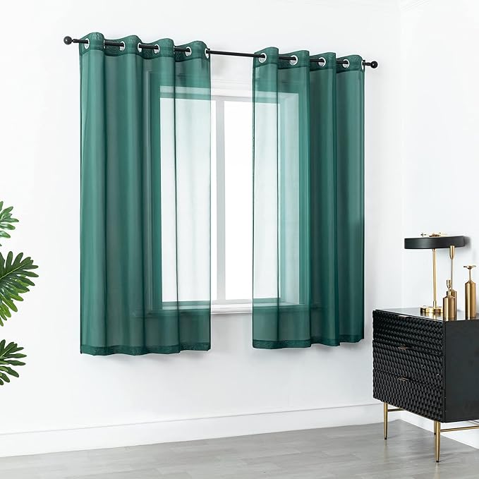 DUALIFE Hunter Green Sheer Curtains 54 Inch Length,Look Semi Sheer Curtain Drapes for Living Room Bedroom Loft Kitchen Bathroom Privacy Voile Window Treatment Panels,52 x 45 Inches,Set of 2