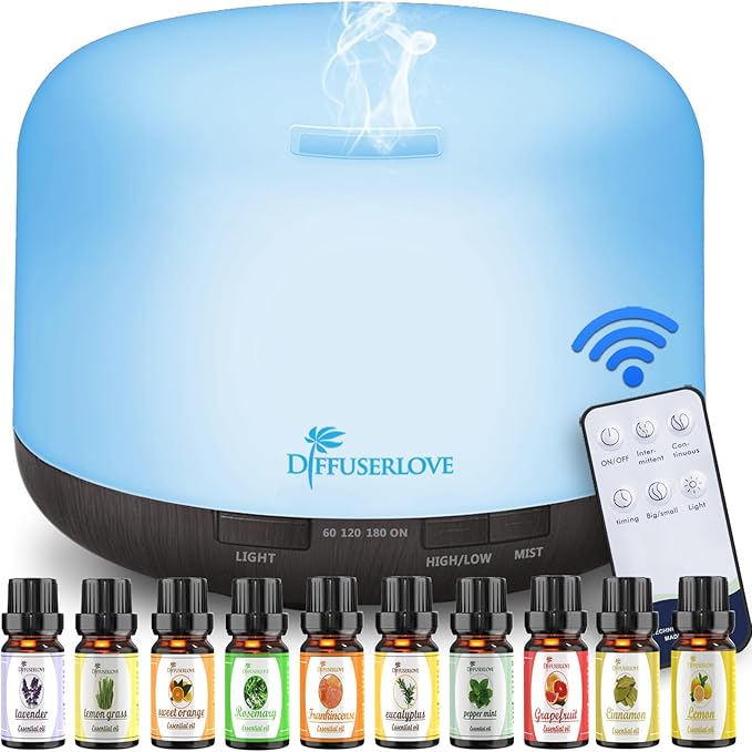 Diffuserlove Essential Oil Diffuser 500ML Aromatherapy Diffuser Mist Humidifiers 7 Color LED Lights Diffusers for Home Office Bedroom (Size:6.7" L x 6.7" W x 4.7" H)