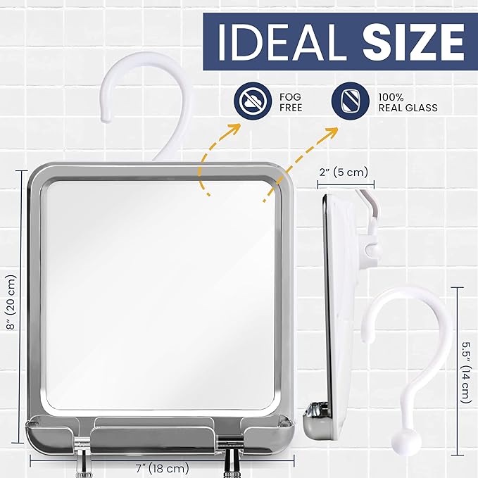 MIRRORVANA Fogless Shower Mirror for Shaving and Distortion-Free Glass Surface with Hook for Hanging, 8" x 7" Chrome