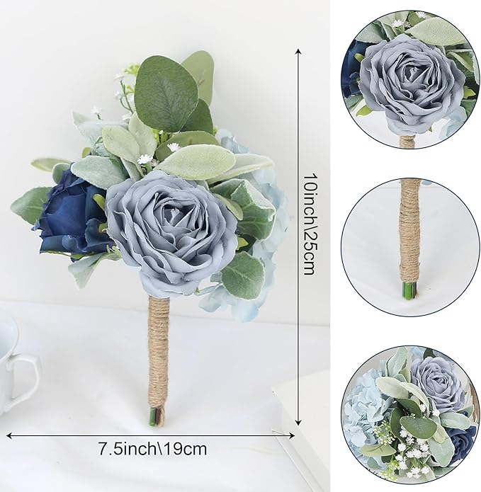 Wedding Artificial Bridesmaid Bouquet - 7 Inch Pre-Made Silk Bridesmaids Flowers Bouquet Small Bridal Bouquet for Bridesmaid for Rustic Vintage Wedding Ceremony Anniversary -Navy Blue