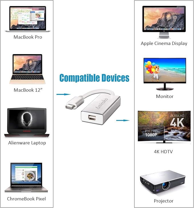 USB-C to Mini DisplayPort Adapter, USB 3.1 Type C (Thunderbolt 3) to Mini DP Adapter 4K Compatible with Lenovo T470, MacBook Pro to LED Cinema Display/Dell Monitor, etc - Silver