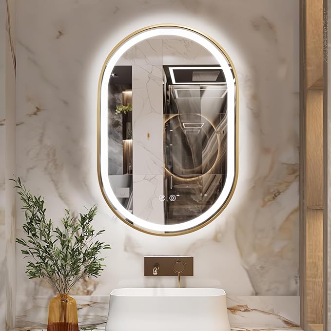 Niccy Oval LED Mirror for Bathroom, 36x24 Front Lit + Backlit Vanity Mirrors with Light Anti-Fog, Shatter-Proof, 3 Colors, Makeup Mirror with Gold Frame (Horizontal/Vertical)