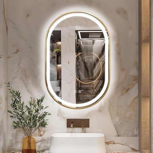 Niccy Oval LED Mirror for Bathroom, 36x24 Front Lit + Backlit Vanity Mirrors with Light Anti-Fog, Shatter-Proof, 3 Colors, Makeup Mirror with Gold Frame (Horizontal/Vertical)